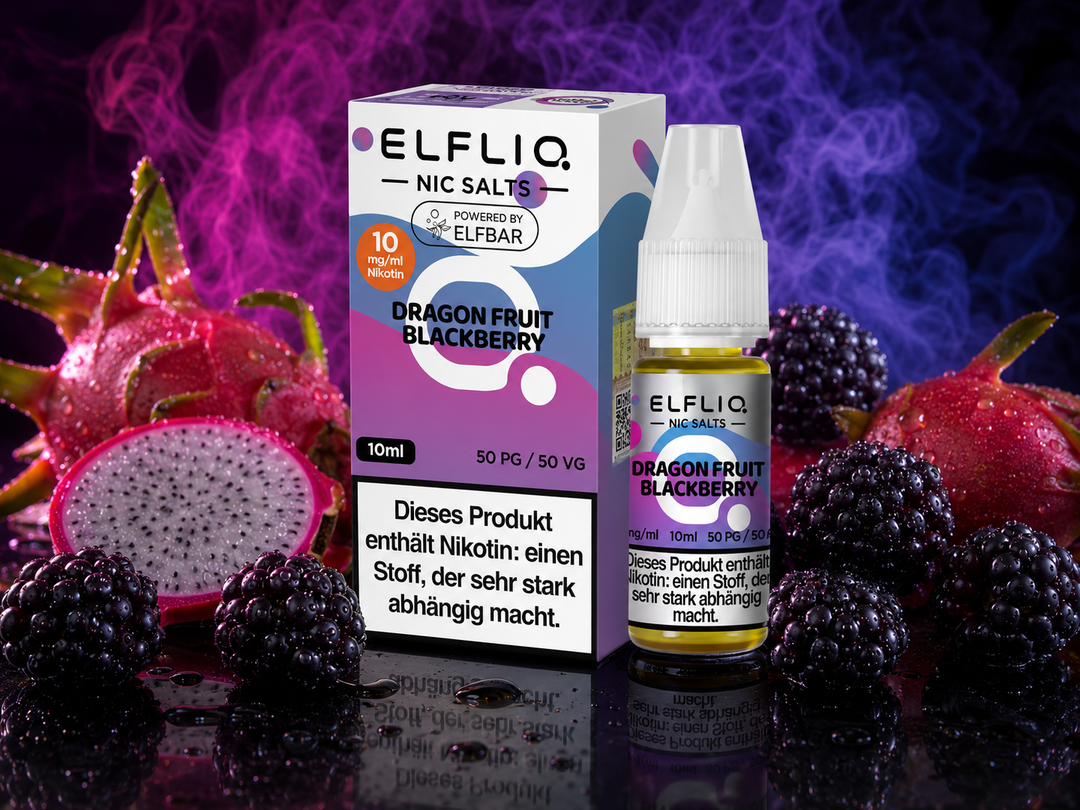 ELFLIQ Dragon Fruit Blackberry Nikotinsalz Liquid 10mg/ml — Drachenfrucht und Brombeeren, 10 ml Flasche und Verpackung