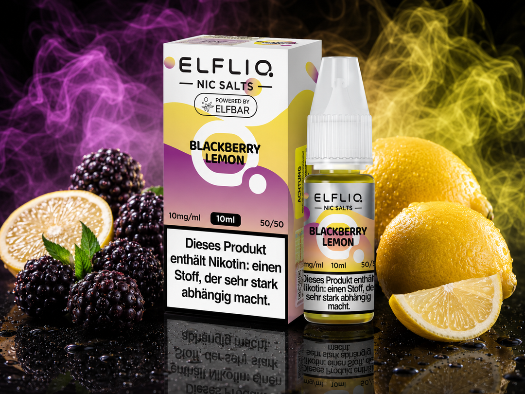 ELFLIQ Blackberry Lemon Nikotinsalz Liquid 10mg/ml — Brombeeren und Zitrone, 10 ml Flasche und Verpackung