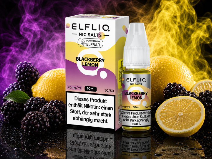 ELFLIQ Blackberry Lemon Nikotinsalz Liquid 20mg/ml — Brombeeren und Zitrone, 10 ml Flasche und Verpackung