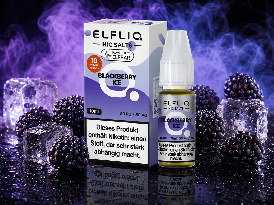 ELFLIQ Blackberry Ice Nikotinsalz Liquid 10mg/ml — Brombeeren mit Eiskristallen, 10 ml Flasche und Verpackung