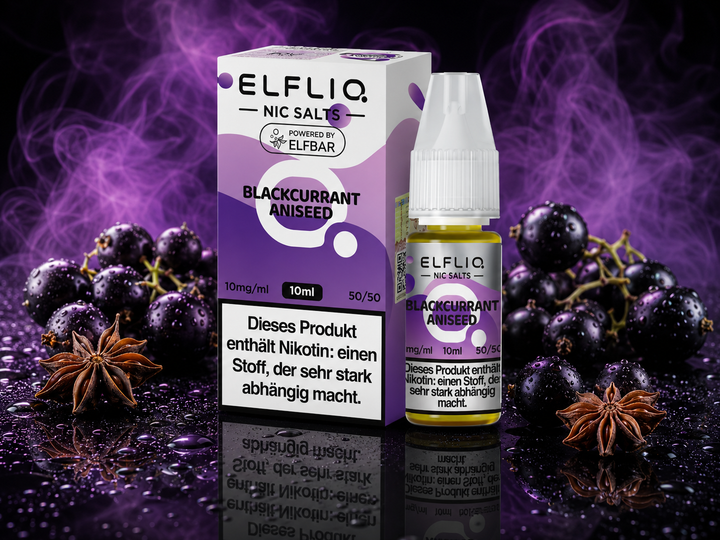 ELFLIQ Blackcurrant Aniseed Nikotinsalz Liquid 10mg/ml — schwarze Johannisbeeren und Anis, 10 ml Flasche und Verpackung