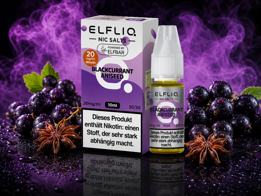 ELFLIQ Blackcurrant Aniseed Nikotinsalz Liquid 20mg/ml — schwarze Johannisbeeren und Anis, 10 ml Flasche und Verpackung