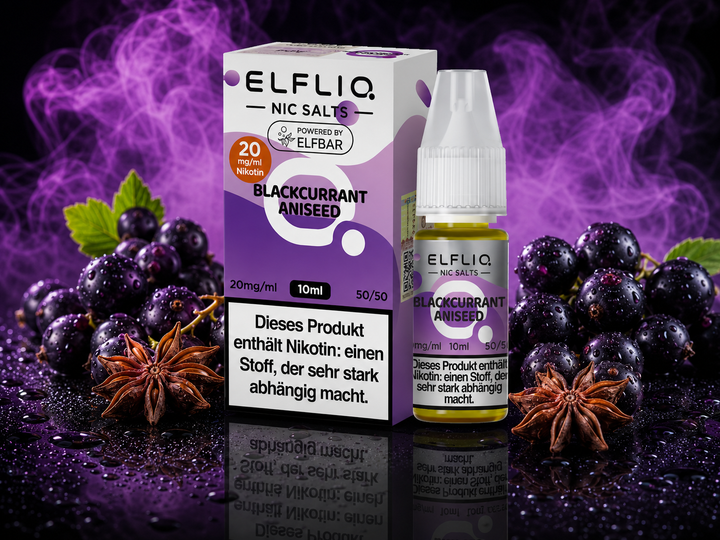 ELFLIQ Blackcurrant Aniseed Nikotinsalz Liquid 20mg/ml — schwarze Johannisbeeren und Anis, 10 ml Flasche und Verpackung