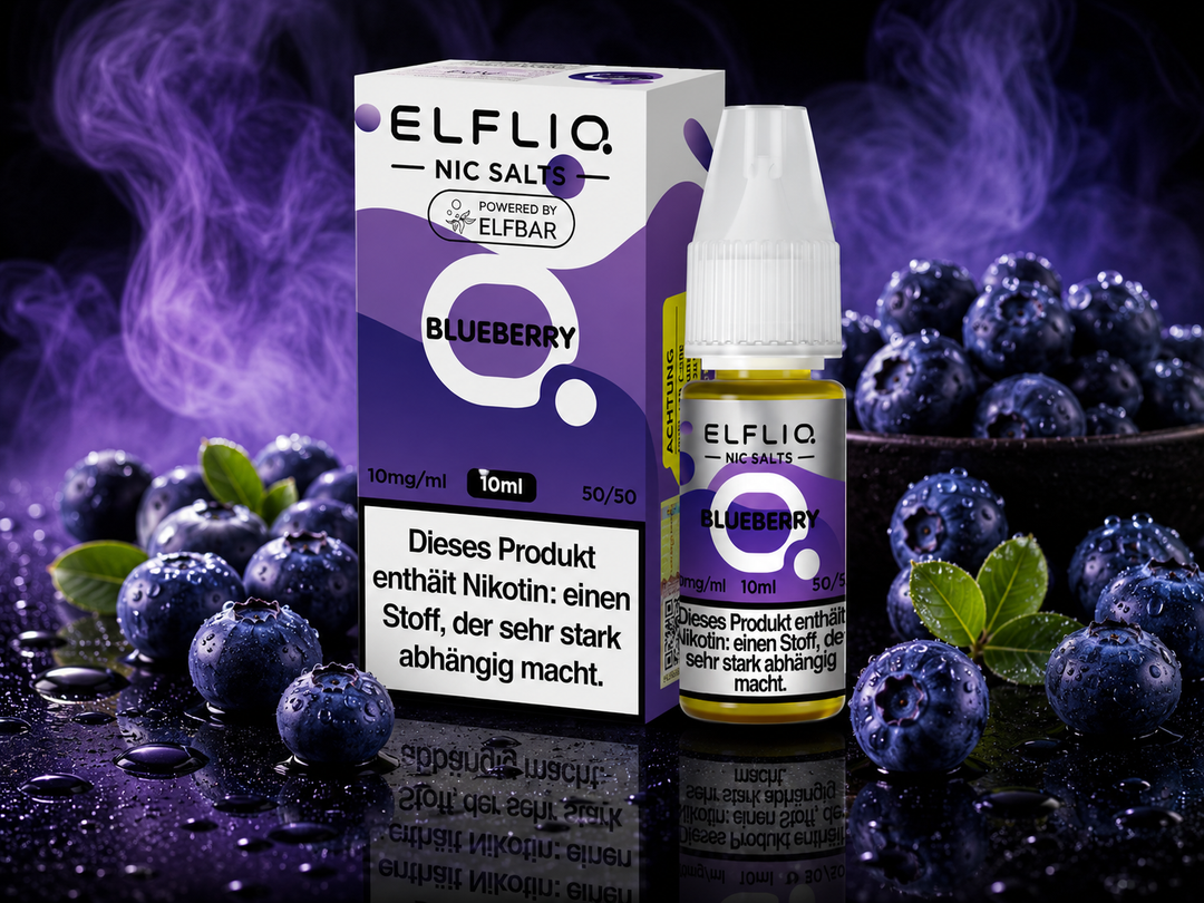 ELFLIQ Blueberry Nikotinsalz Liquid 10mg/ml — Blaubeeren, 10 ml Flasche und Verpackung