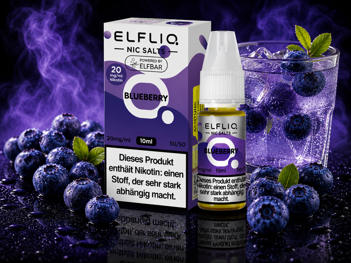 ELFLIQ Blueberry Nikotinsalz Liquid 20mg/ml — Blaubeeren, 10 ml Flasche und Verpackung