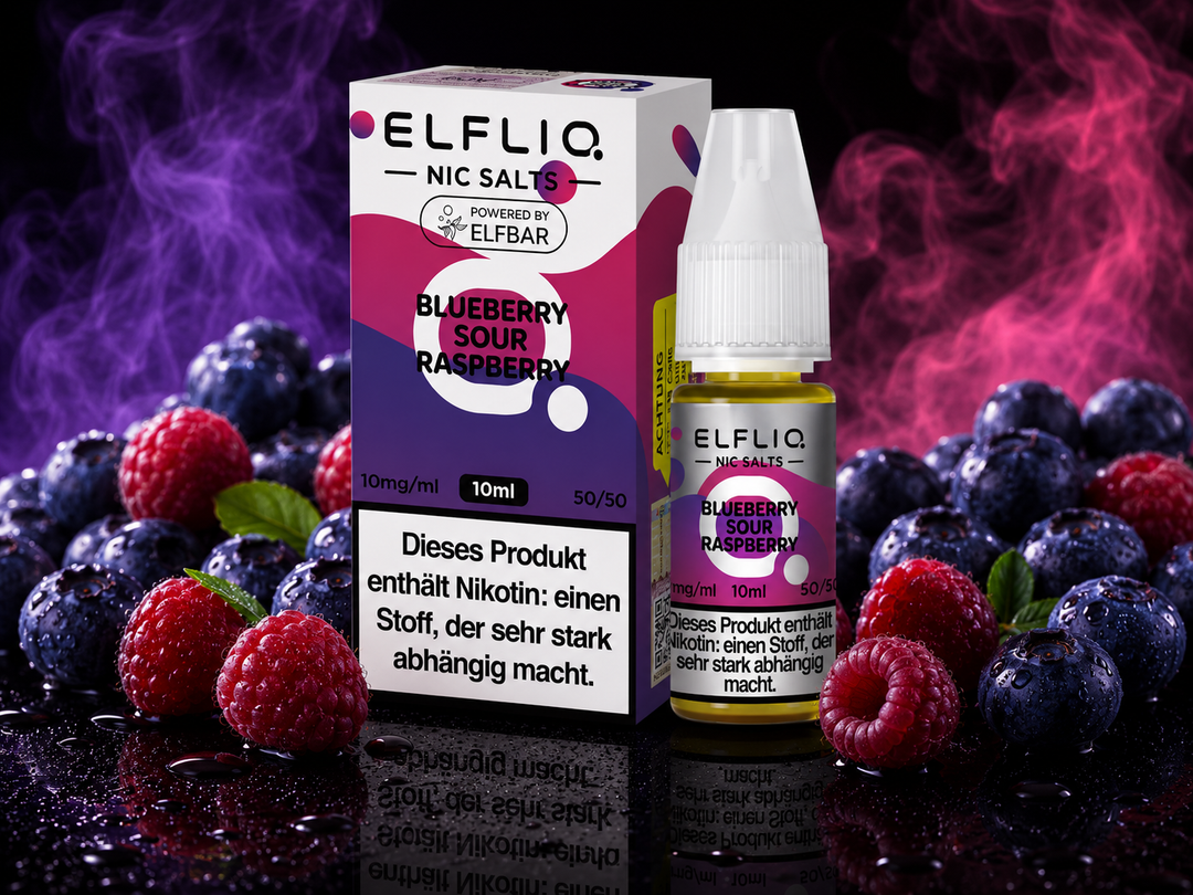 ELFLIQ Blueberry Sour Raspberry Nikotinsalz Liquid 10mg/ml — Blaubeeren und saure Himbeeren, 10 ml Flasche und Verpackung
