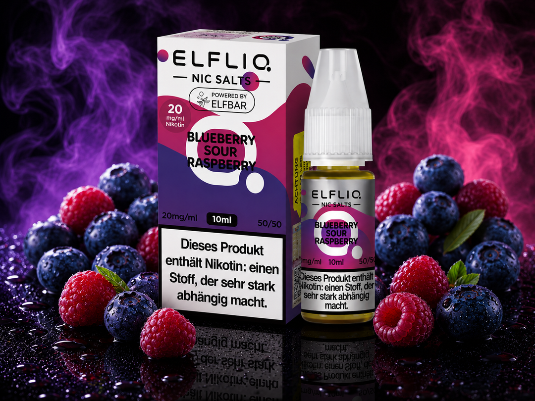ELFLIQ Blueberry Sour Raspberry Nikotinsalz Liquid 20mg/ml — Blaubeeren und saure Himbeeren, 10 ml Flasche und Verpackung