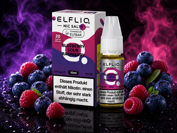 ELFLIQ Blueberry Sour Raspberry Nikotinsalz Liquid 20mg/ml — Blaubeeren und saure Himbeeren, 10 ml Flasche und Verpackung
