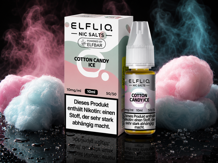 ELFLIQ Cotton Candy Ice Nikotinsalz Liquid 10mg/ml — Zuckerwatte mit Eiskristallen, 10 ml Flasche und Verpackung