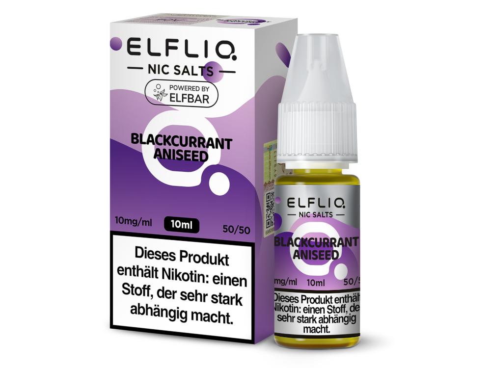 ELFLIQ Blackcurrant Aniseed Nikotinsalz Liquid 10mg/ml — 10 ml Flasche und Verpackung, Original Elfbar