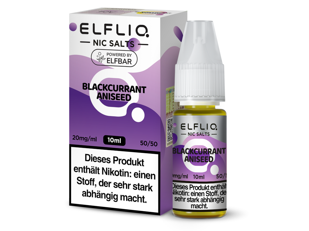 ELFLIQ Blackcurrant Aniseed Nikotinsalz Liquid 20mg/ml — 10 ml Flasche und Verpackung, Original Elfbar