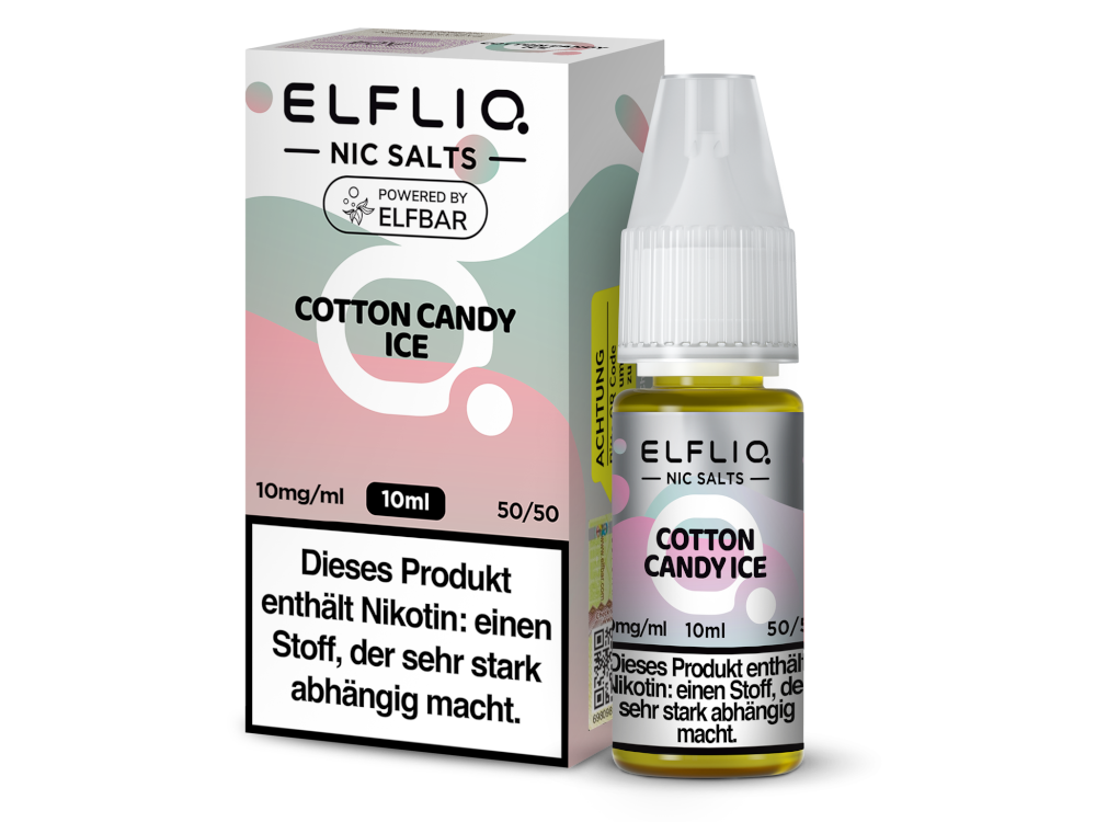 ELFLIQ Cotton Candy Ice Nikotinsalz Liquid 10mg/ml — 10 ml Flasche und Verpackung, Original Elfbar