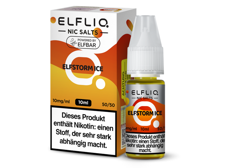 ELFLIQ Elfstorm Ice Nikotinsalz Liquid 10mg/ml — 10 ml Flasche und Verpackung, Original Elfbar