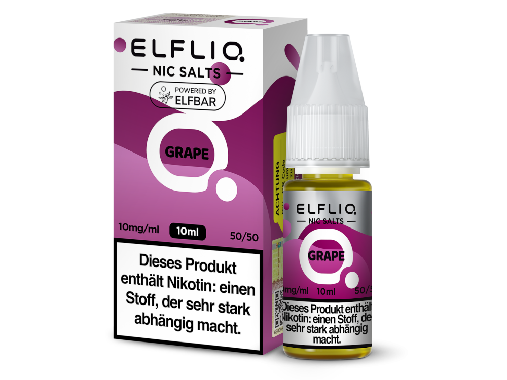 ELFLIQ Grape Nikotinsalz Liquid 10mg/ml — 10 ml Flasche und Verpackung, Original Elfbar