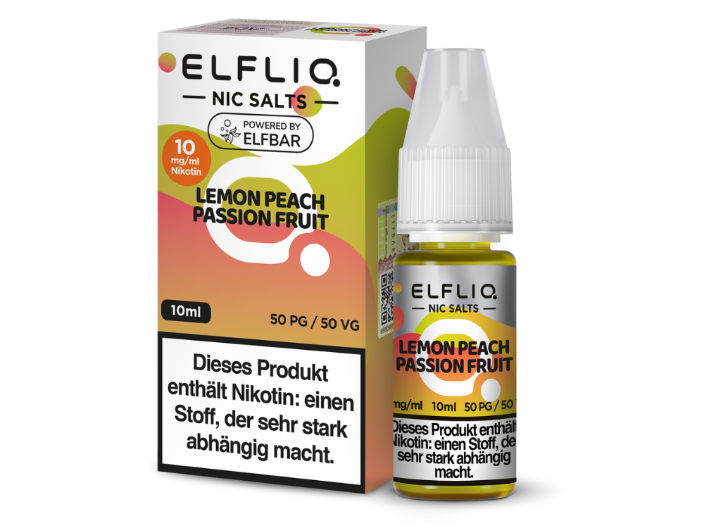 ELFLIQ Lemon Peach Passion Fruit Nikotinsalz Liquid 10mg/ml — 10 ml Flasche und Verpackung, Original Elfbar