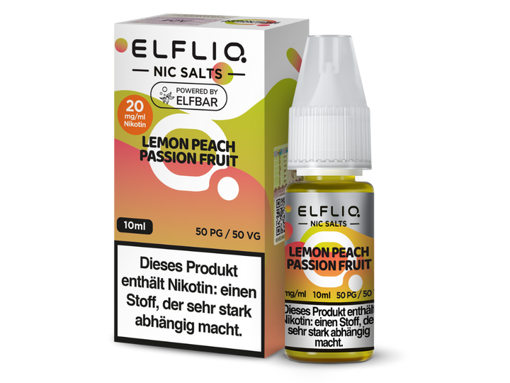 ELFLIQ Lemon Peach Passion Fruit Nikotinsalz Liquid 20mg/ml — 10 ml Flasche und Verpackung, Original Elfbar