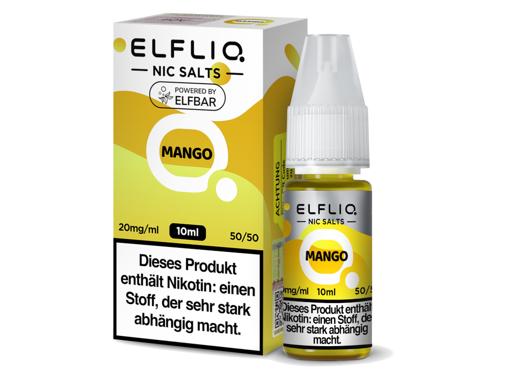 ELFLIQ Mango Nikotinsalz Liquid 20mg/ml — 10 ml Flasche und Verpackung, Original Elfbar