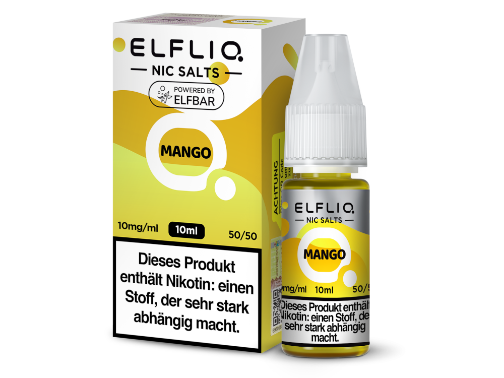 ELFLIQ Mango Nikotinsalz Liquid 10mg/ml — 10 ml Flasche und Verpackung, Original Elfbar
