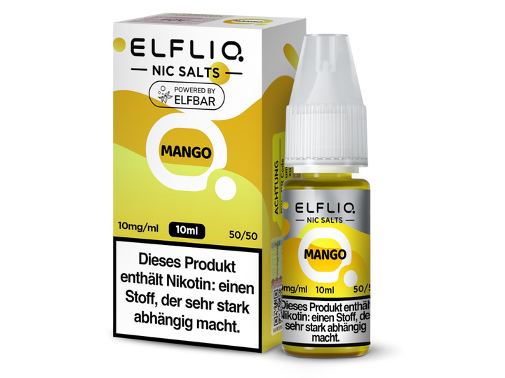 ELFLIQ Mango Nikotinsalz Liquid 10mg/ml — 10 ml Flasche und Verpackung, Original Elfbar
