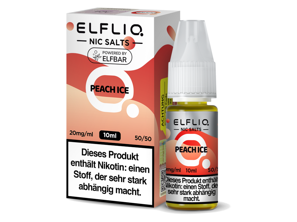 ELFLIQ Peach Ice Nikotinsalz Liquid 20mg/ml — 10 ml Flasche und Verpackung, Original Elfbar