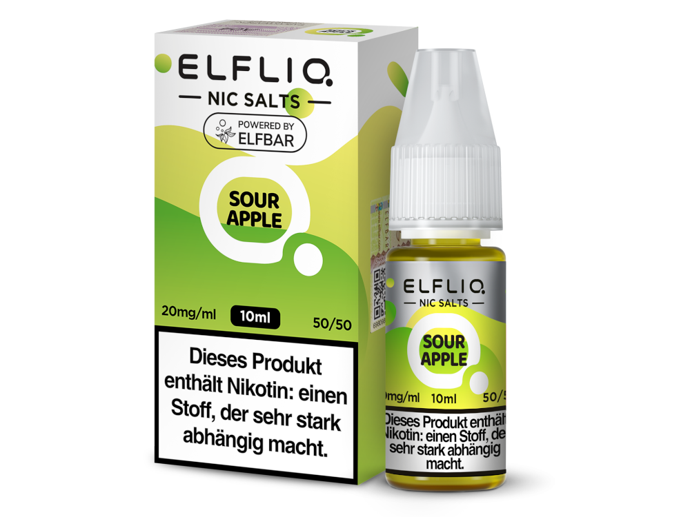 ELFLIQ Sour Apple Nikotinsalz Liquid 20mg/ml — 10 ml Flasche und Verpackung, Original Elfbar