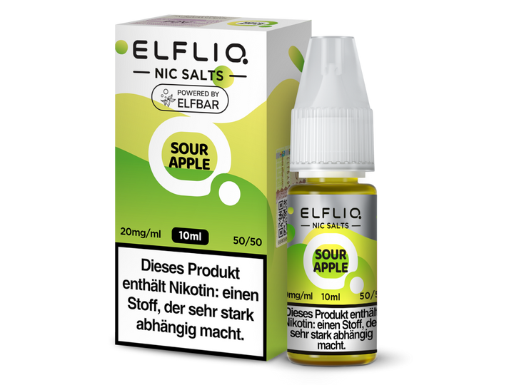 ELFLIQ Sour Apple Nikotinsalz Liquid 20mg/ml — 10 ml Flasche und Verpackung, Original Elfbar