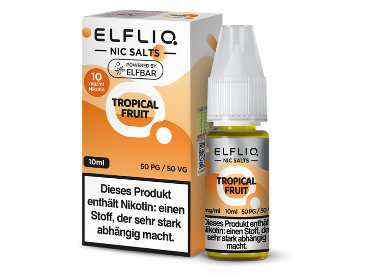 ELFLIQ Tropical Fruit Nikotinsalz Liquid 10mg/ml — 10 ml Flasche und Verpackung, Original Elfbar