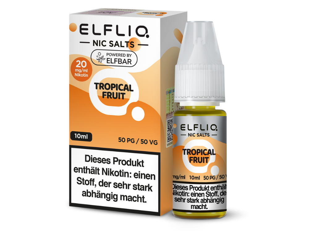ELFLIQ Tropical Fruit Nikotinsalz Liquid 20mg/ml — 10 ml Flasche und Verpackung, Original Elfbar