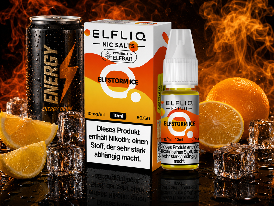 ELFLIQ Elfstorm Ice Nikotinsalz Liquid 10mg/ml — Beerenmix mit Eiskristallen, 10 ml Flasche und Verpackung