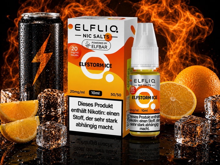 ELFLIQ Elfstorm Ice Nikotinsalz Liquid 20mg/ml — Beerenmix mit Eiskristallen, 10 ml Flasche und Verpackung