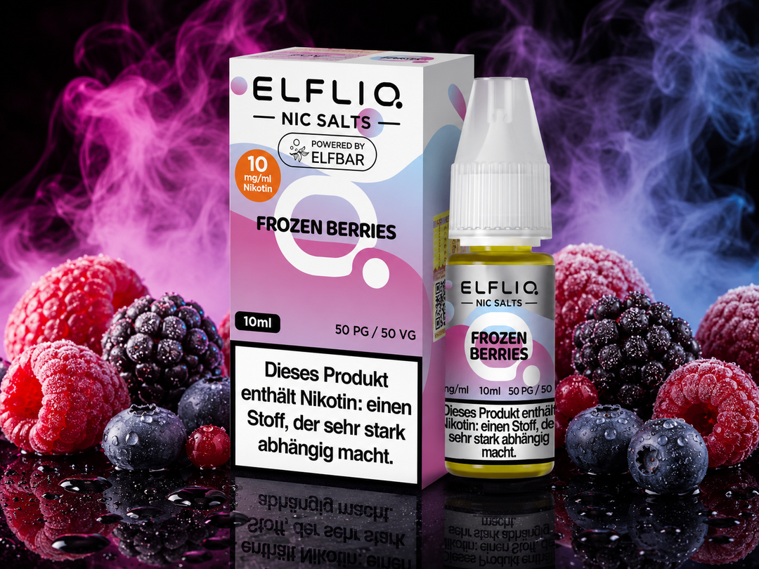 ELFLIQ Frozen Berries Nikotinsalz Liquid 10mg/ml — gefrorene Beeren mit Eiskristallen, 10 ml Flasche und Verpackung