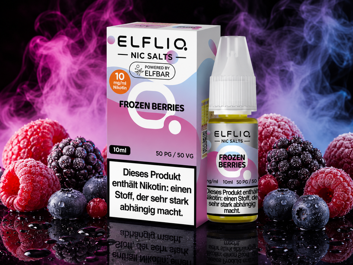 ELFLIQ Frozen Berries Nikotinsalz Liquid 10mg/ml — gefrorene Beeren mit Eiskristallen, 10 ml Flasche und Verpackung