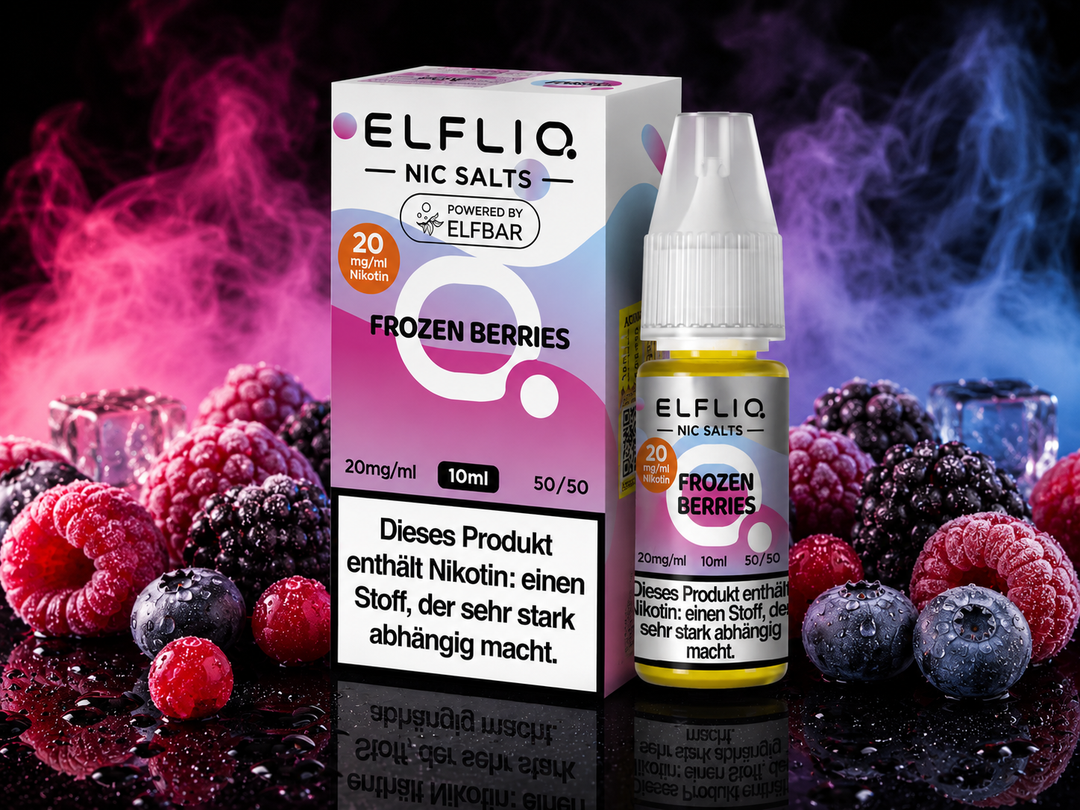 ELFLIQ Frozen Berries Nikotinsalz Liquid 20mg/ml — gefrorene Beeren mit Eiskristallen, 10 ml Flasche und Verpackung
