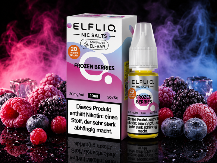 ELFLIQ Frozen Berries Nikotinsalz Liquid 20mg/ml — gefrorene Beeren mit Eiskristallen, 10 ml Flasche und Verpackung