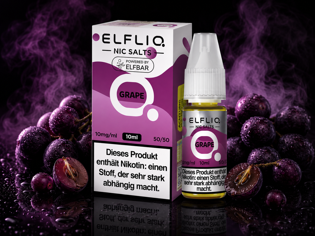 ELFLIQ Grape Nikotinsalz Liquid 10mg/ml — Weintrauben, 10 ml Flasche und Verpackung