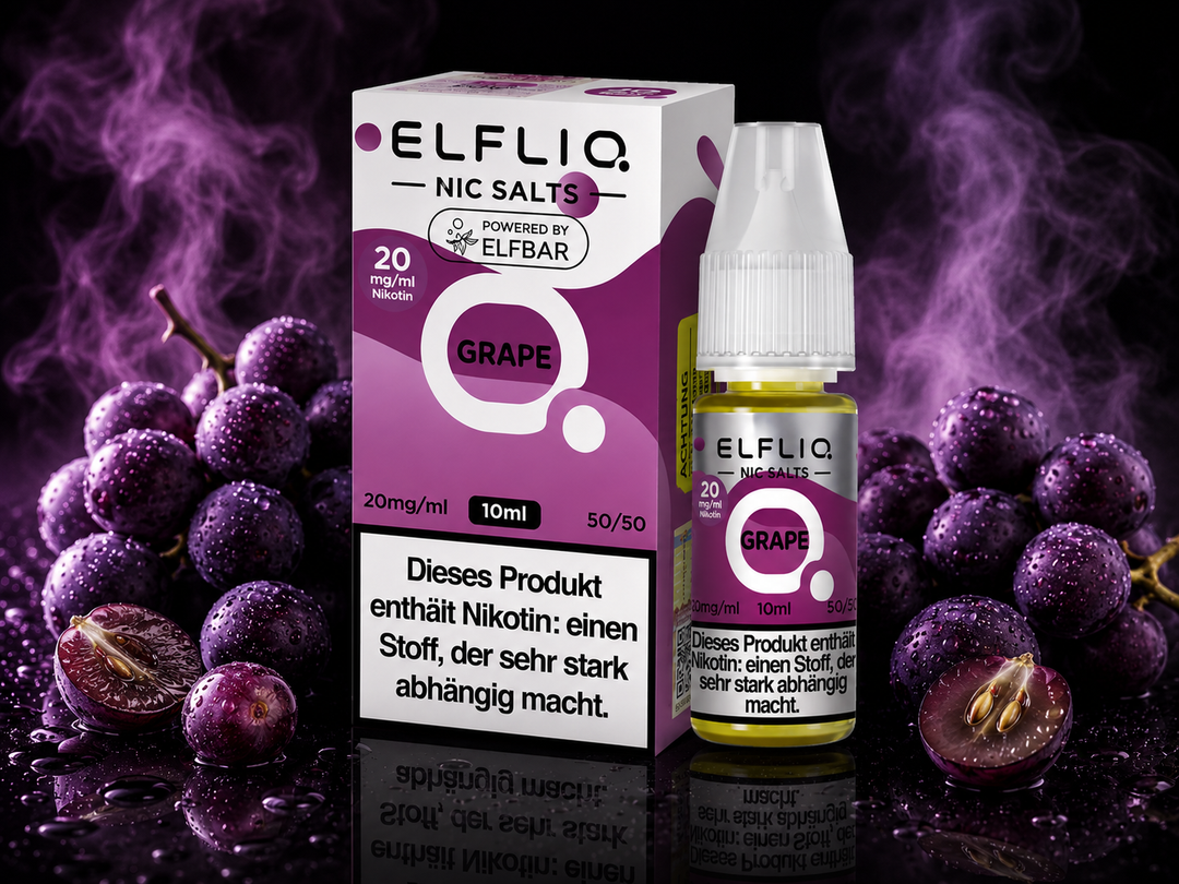 ELFLIQ Grape Nikotinsalz Liquid 20mg/ml — Weintrauben, 10 ml Flasche und Verpackung