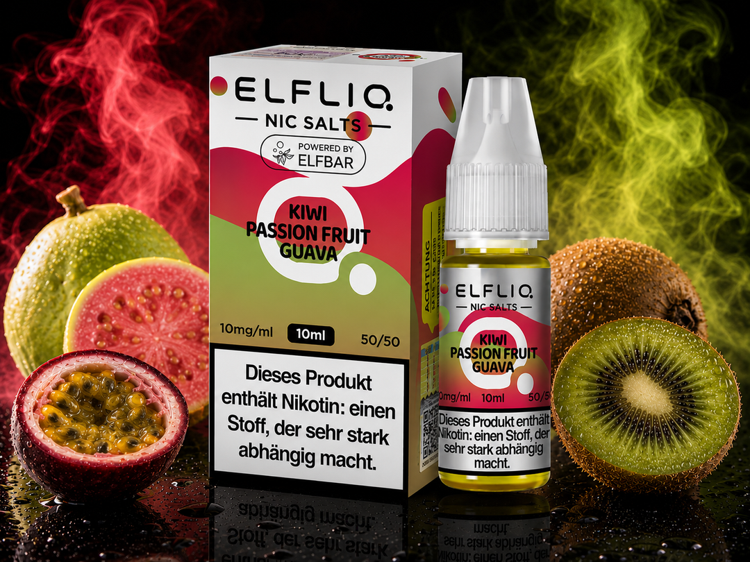 ELFLIQ Kiwi Passion Fruit Guava Nikotinsalz Liquid 10mg/ml — Kiwi, Passionsfrucht und Guave, 10 ml Flasche und Verpackung