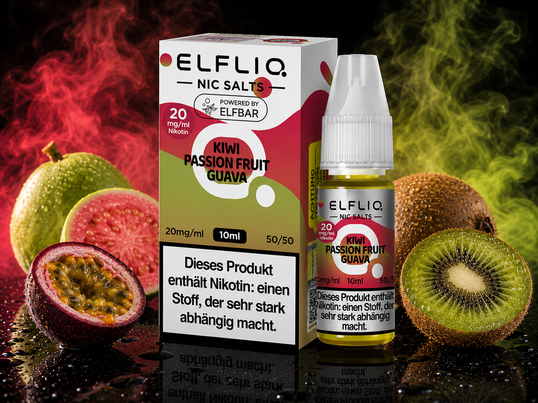 ELFLIQ Kiwi Passion Fruit Guava Nikotinsalz Liquid 20mg/ml — Kiwi, Passionsfrucht und Guave, 10 ml Flasche und Verpackung