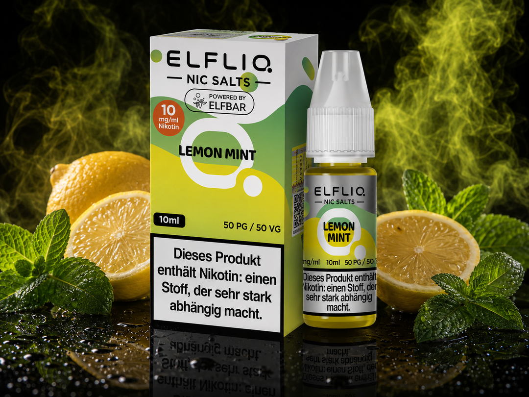 ELFLIQ Lemon Mint Nikotinsalz Liquid 10mg/ml — Zitrone und Minzblätter, 10 ml Flasche und Verpackung