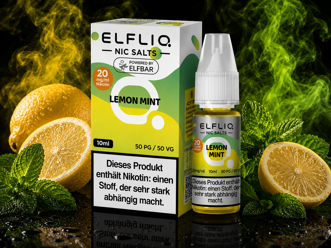 ELFLIQ Lemon Mint Nikotinsalz Liquid 20mg/ml — Zitrone und Minzblätter, 10 ml Flasche und Verpackung