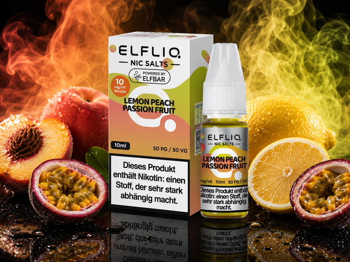 ELFLIQ Lemon Peach Passion Fruit Nikotinsalz Liquid 10mg/ml — Zitrone, Pfirsich und Passionsfrucht, 10 ml Flasche und Verpackung