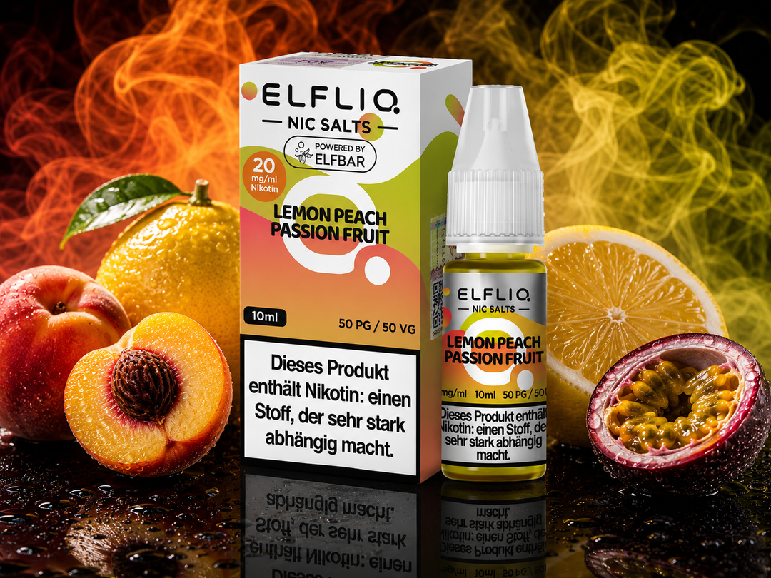 ELFLIQ Lemon Peach Passion Fruit Nikotinsalz Liquid 20mg/ml — Zitrone, Pfirsich und Passionsfrucht, 10 ml Flasche und Verpackung