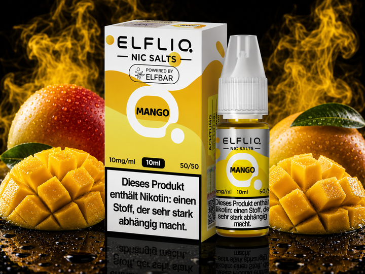 ELFLIQ Mango Nikotinsalz Liquid 10mg/ml — Mangos, 10 ml Flasche und Verpackung