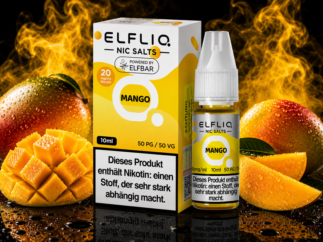 ELFLIQ Mango Nikotinsalz Liquid 20mg/ml — Mangos, 10 ml Flasche und Verpackung