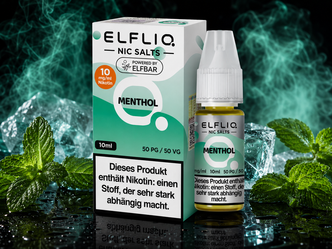 ELFLIQ Menthol Nikotinsalz Liquid 10mg/ml — Minzblätter mit Eiskristallen, 10 ml Flasche und Verpackung