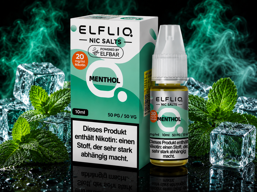 ELFLIQ Menthol Nikotinsalz Liquid 20mg/ml — Minzblätter mit Eiskristallen, 10 ml Flasche und Verpackung