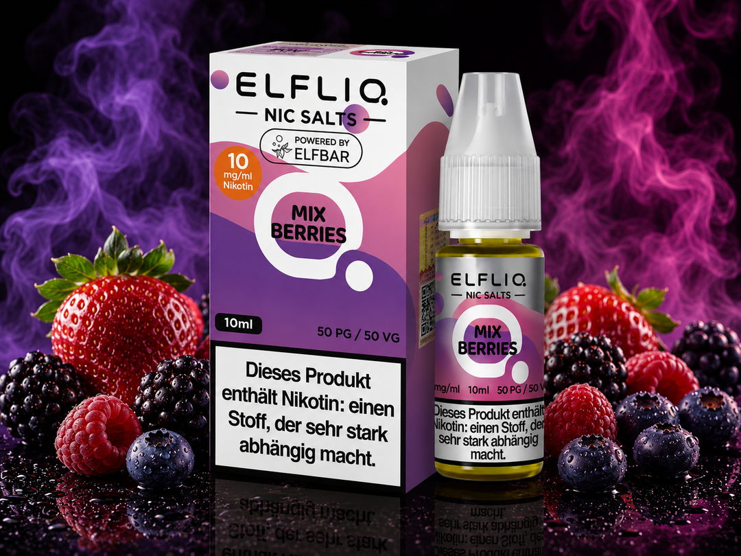 ELFLIQ Mix Berries Nikotinsalz Liquid 10mg/ml — gemischte Beeren, 10 ml Flasche und Verpackung