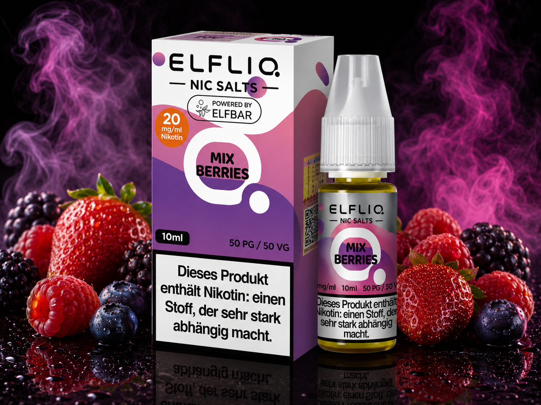 ELFLIQ Mix Berries Nikotinsalz Liquid 20mg/ml — gemischte Beeren, 10 ml Flasche und Verpackung