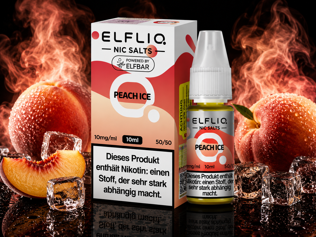 ELFLIQ Peach Ice Nikotinsalz Liquid 10mg/ml — Pfirsiche mit Eiskristallen, 10 ml Flasche und Verpackung