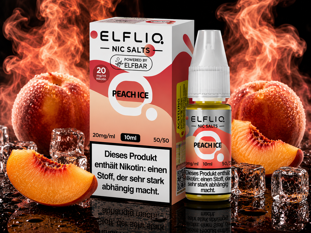 ELFLIQ Peach Ice Nikotinsalz Liquid 20mg/ml — Pfirsiche mit Eiskristallen, 10 ml Flasche und Verpackung